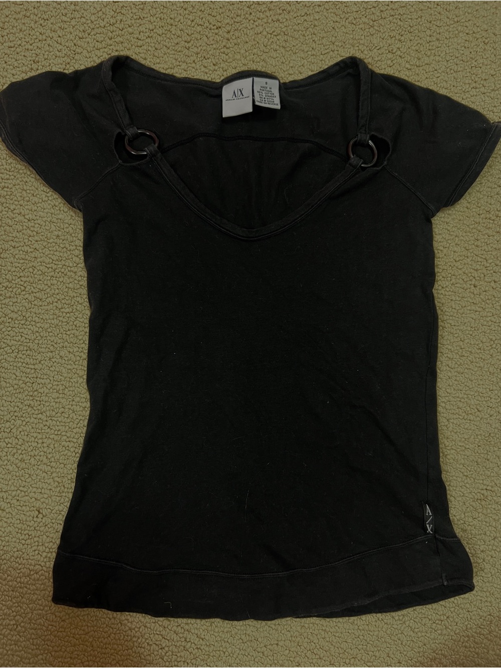 Vintage Armani Exchange Black V-Neck Tee with Ring-Trim Detail